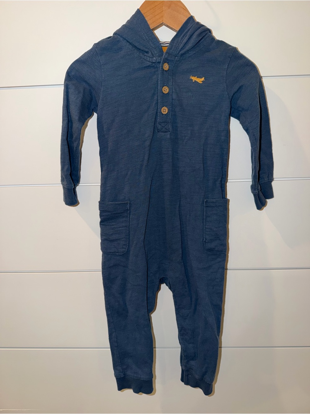 Carter's 18M Blue Hooded Knit Coverall One-Piece Pockets Buttons Airplane